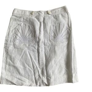 ELECTRA Linen skirt white size 4 embroidered shell shaped embroidered pockets